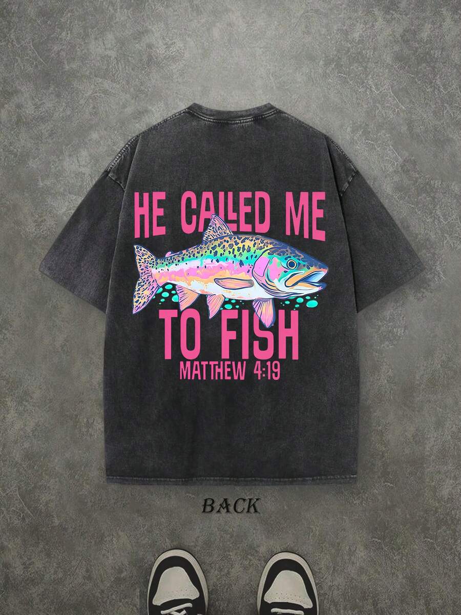 Retro Washed T-Shirt Double Sided Printed (230 Pure Cotton T-Shirt) 'HE CALLED ME TO FISH'  Letter And FISH Pattern Print, Mens TShirt, Mens Shirt Casual, Comfortable, Fashionable T-Shirt, Street Style Cotton