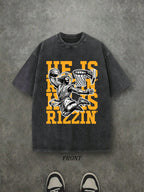 Retro Washed T-Shirt Double Sided Printed (230 Pure Cotton T-Shirt) 'HE IS RIZZIN'  Letter And Pattern Print, Mens TShirt, Mens Shirt Casual, Comfortable, Fashionable T-Shirt, Street Style Cotton
