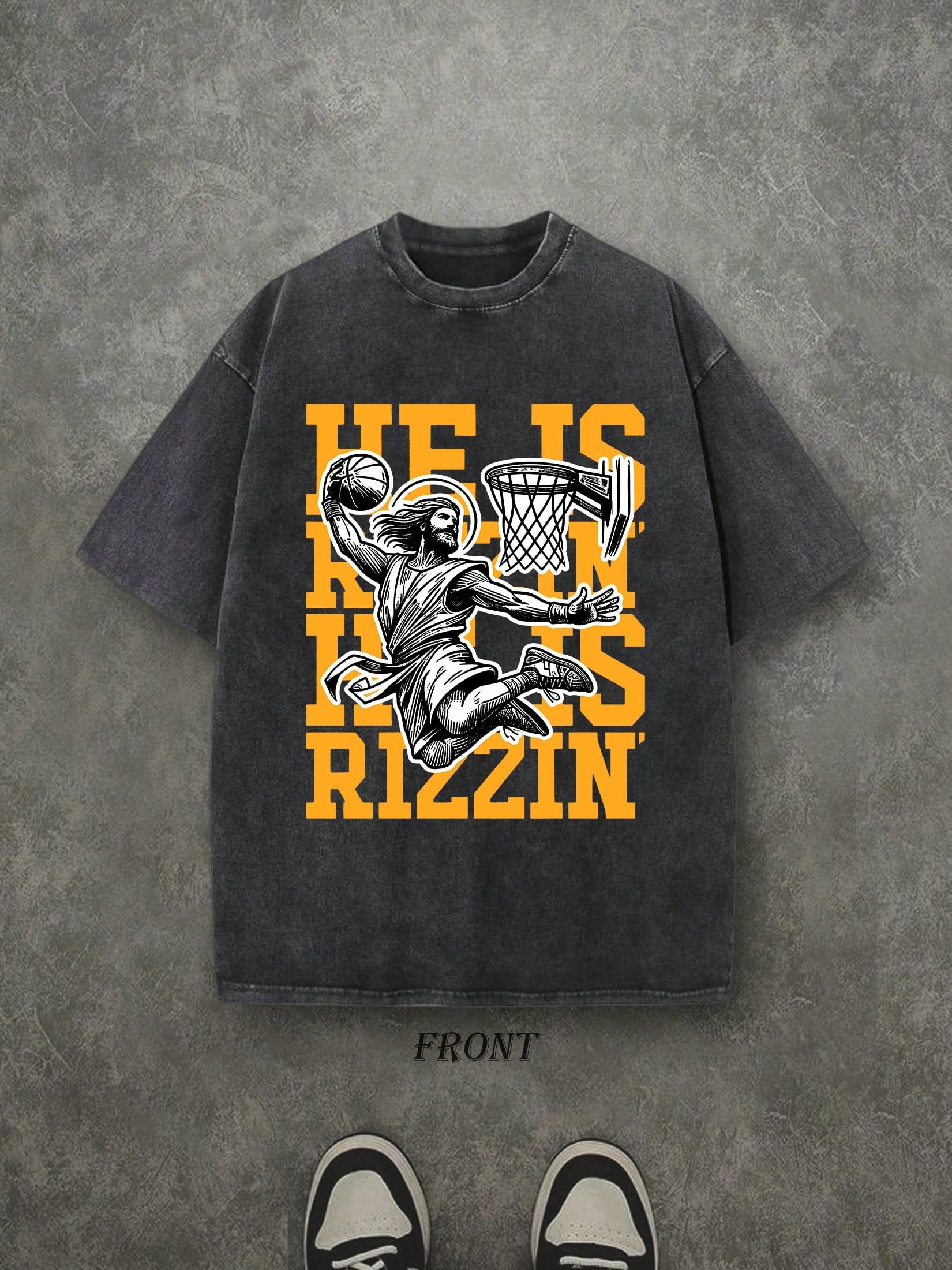 Retro Washed T-Shirt Double Sided Printed (230 Pure Cotton T-Shirt) 'HE IS RIZZIN'  Letter And Pattern Print, Mens TShirt, Mens Shirt Casual, Comfortable, Fashionable T-Shirt, Street Style Cotton