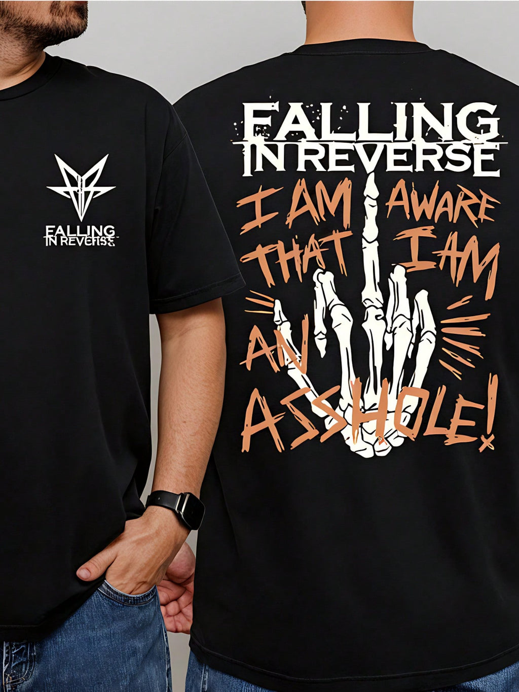 Falling In Reverse Graphic T-Shirt For Men - 100% Cotton Skeleton Hand Print, Bold And Edgy Design, Perfect For Music Festivals And Concerts,  Streetwear Style, Unique Gift IdeaFalling In Reverse Graphic T-Shirt For Men - 100% Cotton Skeleton Hand Print,1