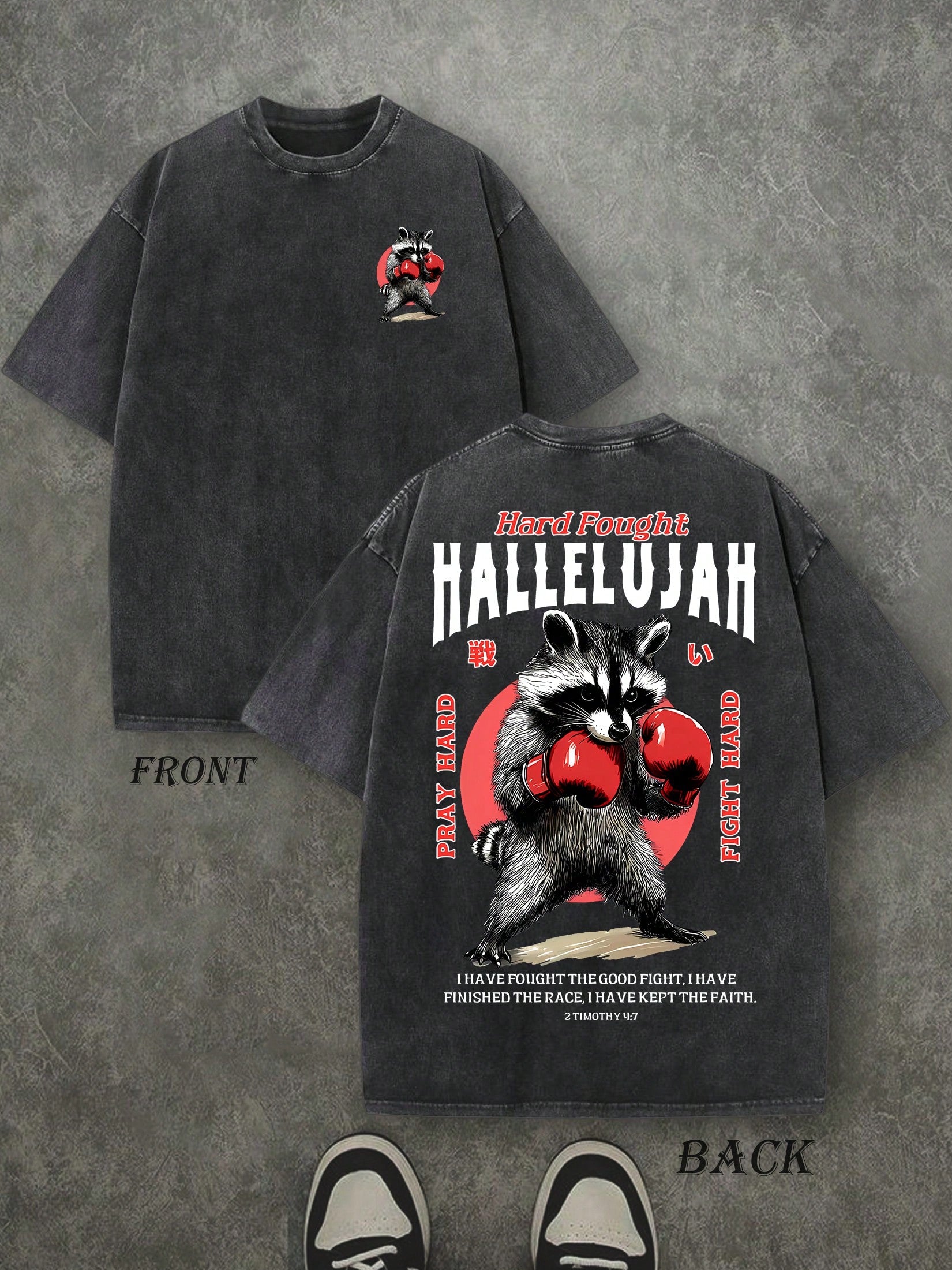 Retro Washed T-Shirt Double Sided Printed (230 Pure Cotton T-Shirt) 'HARD FOUGHT HALLELUJAH'  Letter And Boxing Pattern Print, Mens TShirt, Mens Shirt Casual, Comfortable, Fashionable T-Shirt, Street Style Cotton