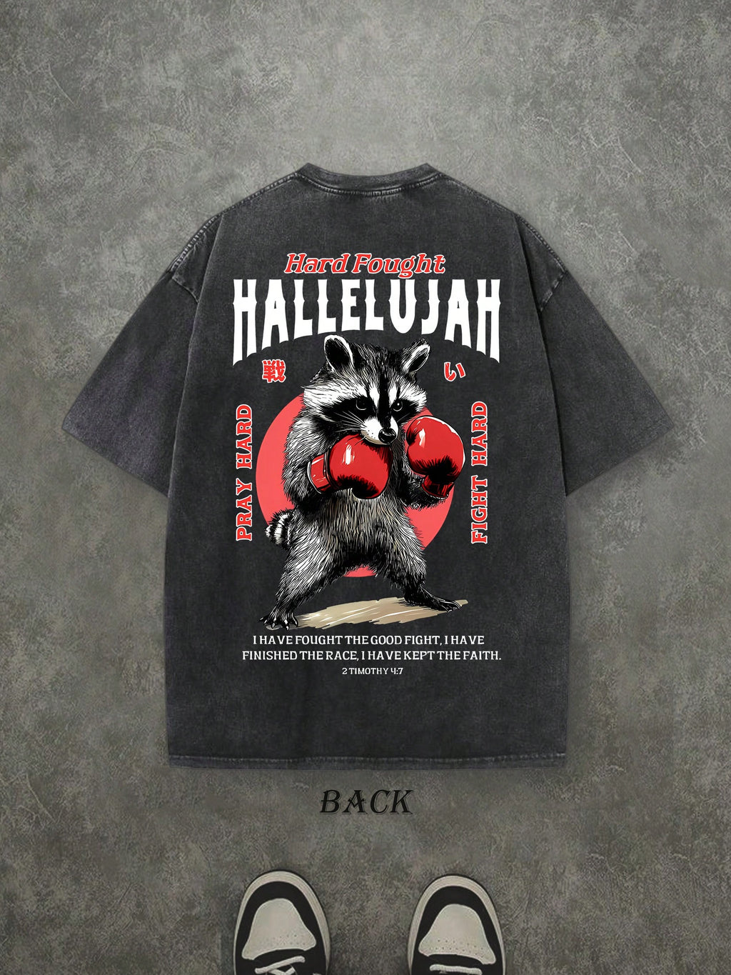 Retro Washed T-Shirt Double Sided Printed (230 Pure Cotton T-Shirt) 'HARD FOUGHT HALLELUJAH'  Letter And Boxing Pattern Print, Mens TShirt, Mens Shirt Casual, Comfortable, Fashionable T-Shirt, Street Style Cotton