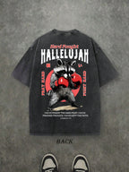 Retro Washed T-Shirt Double Sided Printed (230 Pure Cotton T-Shirt) 'HARD FOUGHT HALLELUJAH'  Letter And Boxing Pattern Print, Mens TShirt, Mens Shirt Casual, Comfortable, Fashionable T-Shirt, Street Style Cotton