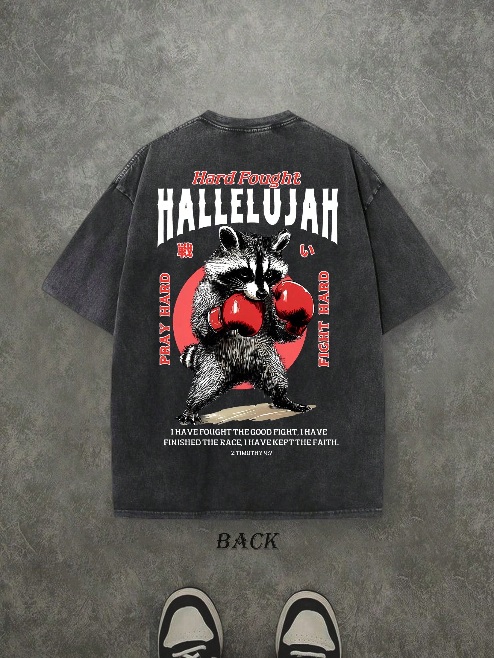 Retro Washed T-Shirt Double Sided Printed (230 Pure Cotton T-Shirt) 'HARD FOUGHT HALLELUJAH'  Letter And Boxing Pattern Print, Mens TShirt, Mens Shirt Casual, Comfortable, Fashionable T-Shirt, Street Style Cotton