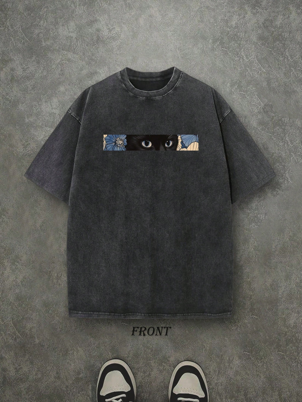 Retro Washed T-Shirt Double Sided Printed (230 Pure Cotton T-Shirt) 'Cat In The Flowers'  Cat And Flowers Pattern Print, Mens TShirt, Mens Shirt Casual, Comfortable, Fashionable T-Shirt, Street Style Cotton
