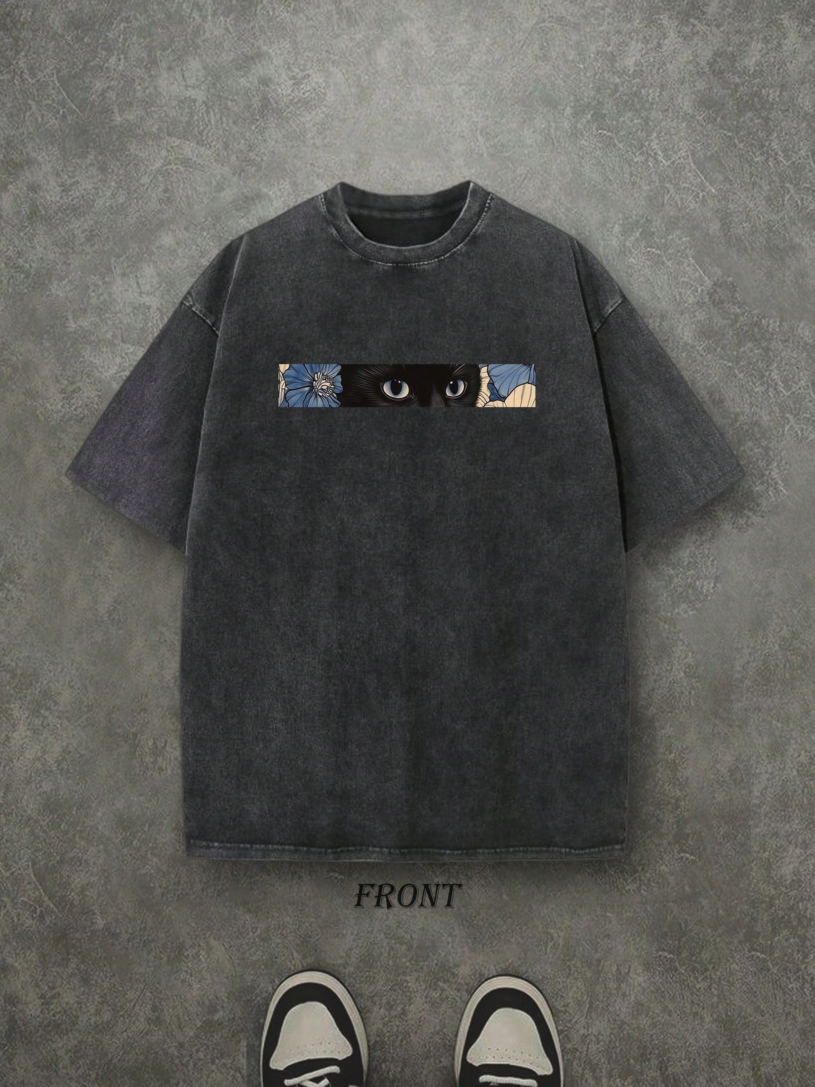 Retro Washed T-Shirt Double Sided Printed (230 Pure Cotton T-Shirt) 'Cat In The Flowers'  Cat And Flowers Pattern Print, Mens TShirt, Mens Shirt Casual, Comfortable, Fashionable T-Shirt, Street Style Cotton