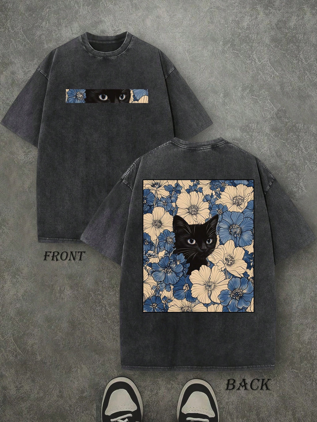 Retro Washed T-Shirt Double Sided Printed (230 Pure Cotton T-Shirt) 'Cat In The Flowers'  Cat And Flowers Pattern Print, Mens TShirt, Mens Shirt Casual, Comfortable, Fashionable T-Shirt, Street Style Cotton
