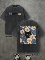 Retro Washed T-Shirt Double Sided Printed (230 Pure Cotton T-Shirt) 'Cat In The Flowers'  Cat And Flowers Pattern Print, Mens TShirt, Mens Shirt Casual, Comfortable, Fashionable T-Shirt, Street Style Cotton