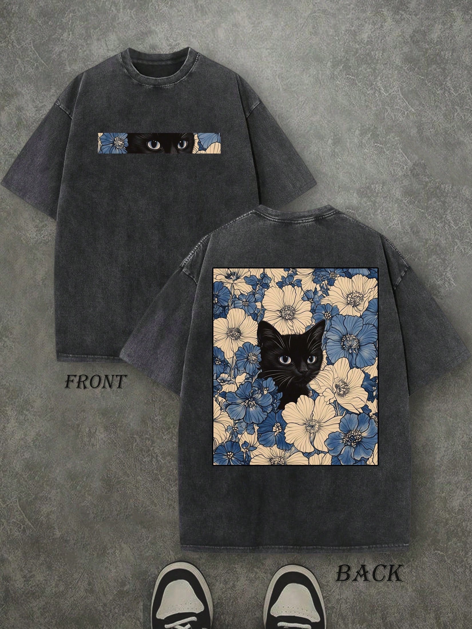 Retro Washed T-Shirt Double Sided Printed (230 Pure Cotton T-Shirt) 'Cat In The Flowers'  Cat And Flowers Pattern Print, Mens TShirt, Mens Shirt Casual, Comfortable, Fashionable T-Shirt, Street Style Cotton