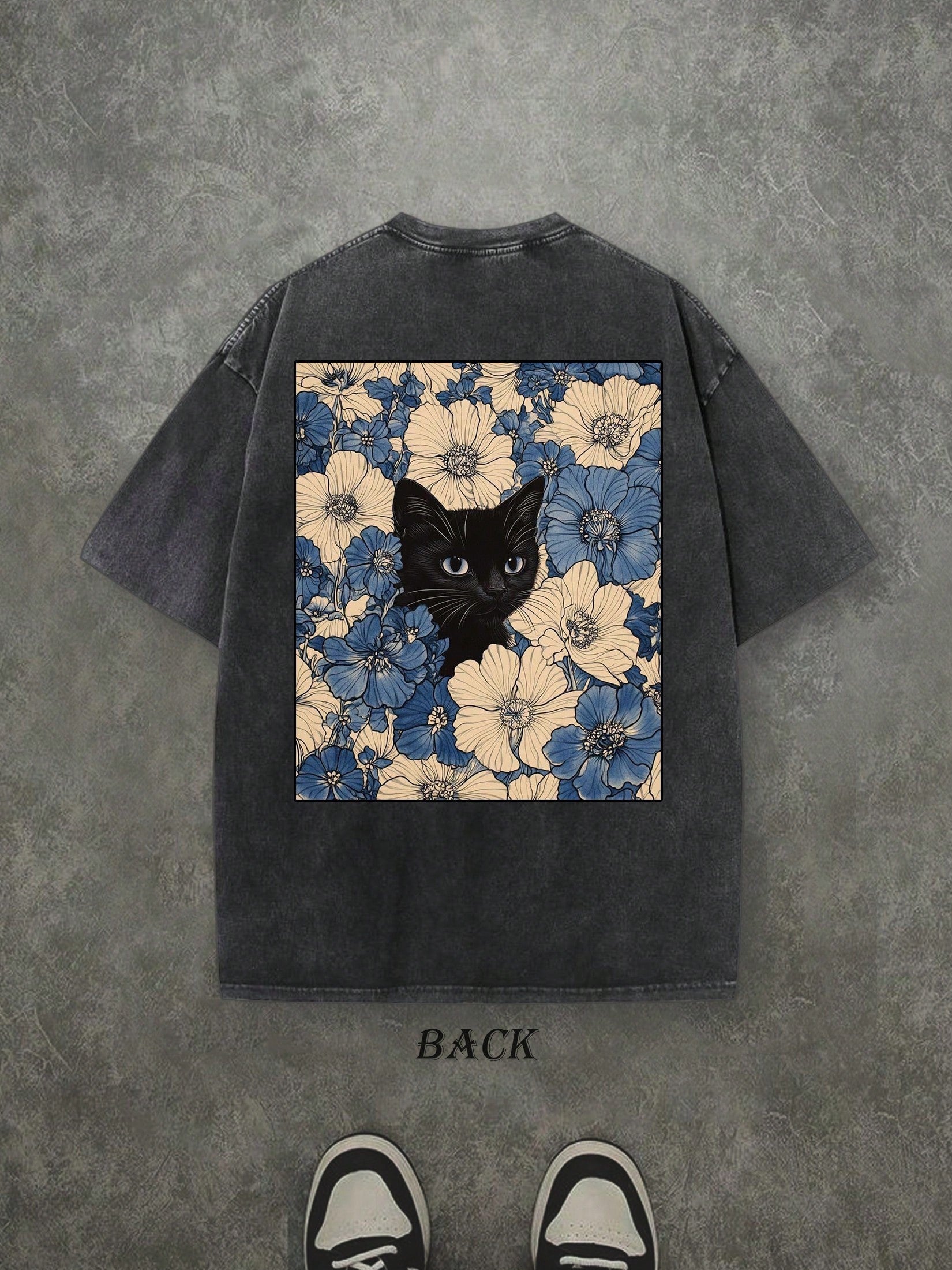 Retro Washed T-Shirt Double Sided Printed (230 Pure Cotton T-Shirt) 'Cat In The Flowers'  Cat And Flowers Pattern Print, Mens TShirt, Mens Shirt Casual, Comfortable, Fashionable T-Shirt, Street Style Cotton