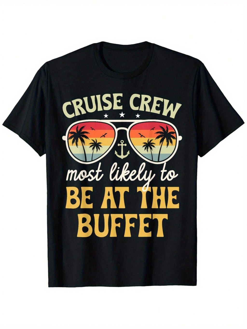 Cruise Crew Most Likely To Be At The Buffet Men'S T-Shirt - 100% Cotton, Black With Palm Tree & Anchor Graphic, Casual Crew Neck, Loose Fit, Sizes S-XXXL, Cruise Shirt,100% Pure Cotton Short Sleeved Shirt, Essential For Summer And Spring, Loose Casual Rou