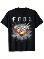 Vintage Billiards Graphic T-Shirt - 100% Cotton 180gsm Relaxed Fit Tee With Pool Table & Lightning Bolt Design, Casual Men's S-XXXL, Machine Washable, Billiards Pool Shirts, Allseason Apparel, Nontransparent Fabric, Comfortable Round Neck,100% Pure Cotton