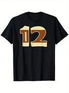 Men'S Football Jersey T-Shirt - Number # 12 Rugby Team Apparel, Heavyweight 180gsm Cotton Tee, Loose Fit Round Neck Shirt For Players, Coaches, Fans - Sizes S-XXXL (Black) - All-Season Sports & Casual Wear, Football Jersey, Game Day Outfit, Bold Print Des