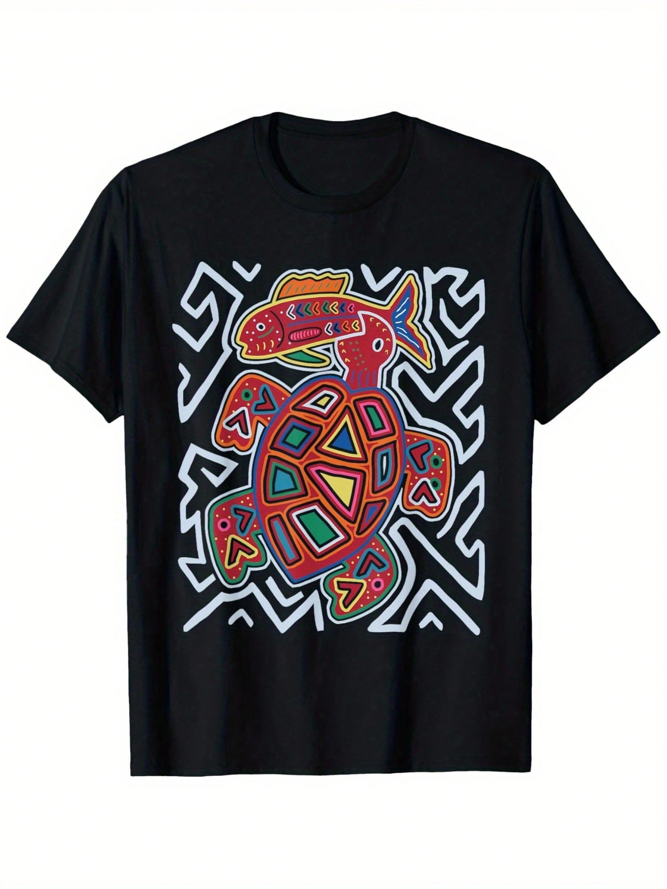 Men'S Panama Kuna Tribe Turtle Tortoise Mola Art T-Shirt - Black Loose Fit Tee With RedBlueWhite  Pattern, 100% Cotton Heavyweight 180gsm, Round Neck Casual Shirt For Everyday & Formal Wear (S-XXXL), Allseason Apparel, Nonstretch Fabric, Cultural Design,