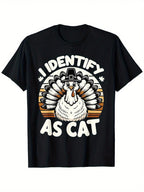 Funny Thanksgiving Turkey Identifies As Cat Graphic T-Shirt - I Identify As Cat Saying With Turkey In Top Hat - Heavyweight 180gsm Cotton Tee - Loose Fit Crewneck Shirt For Thanksgiving Parties, Costume Events - Sizes S-XXXL (Black) - Perfect Gift For Cat