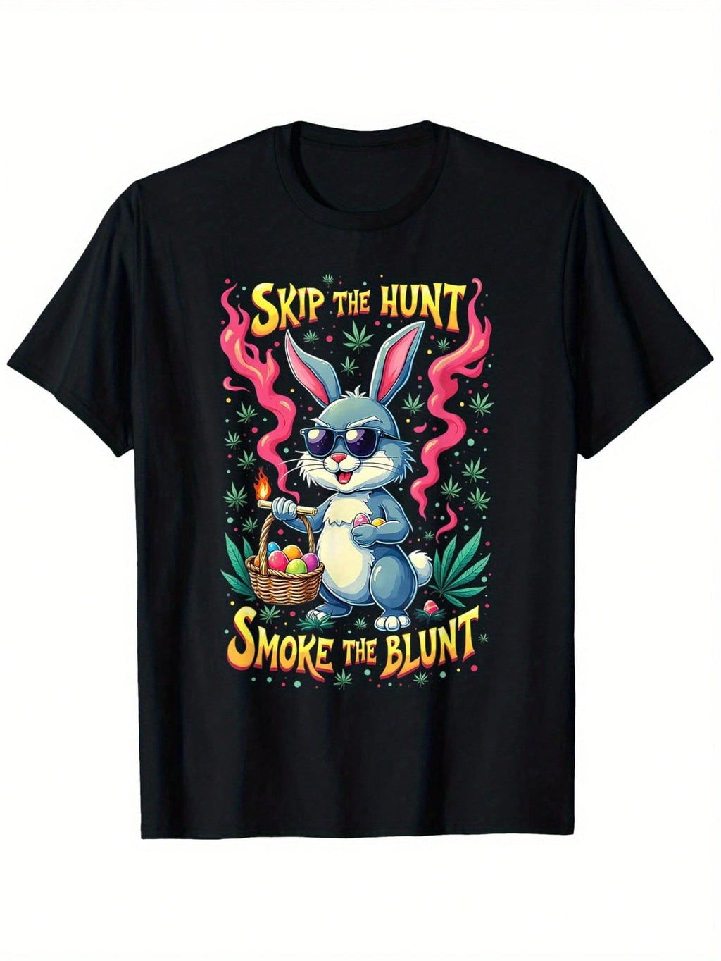 Skip The Hunt Smoke The  Funny Easter Bunny 420 Easter T-Shirt, 100% Cotton, 180g, Round Neck, Black, S-XXXL,100% Pure Cotton Short Sleeved Shirt, Essential For Summer And Spring, Loose Casual Round Neck, Men's Letter Printed T-Shirt