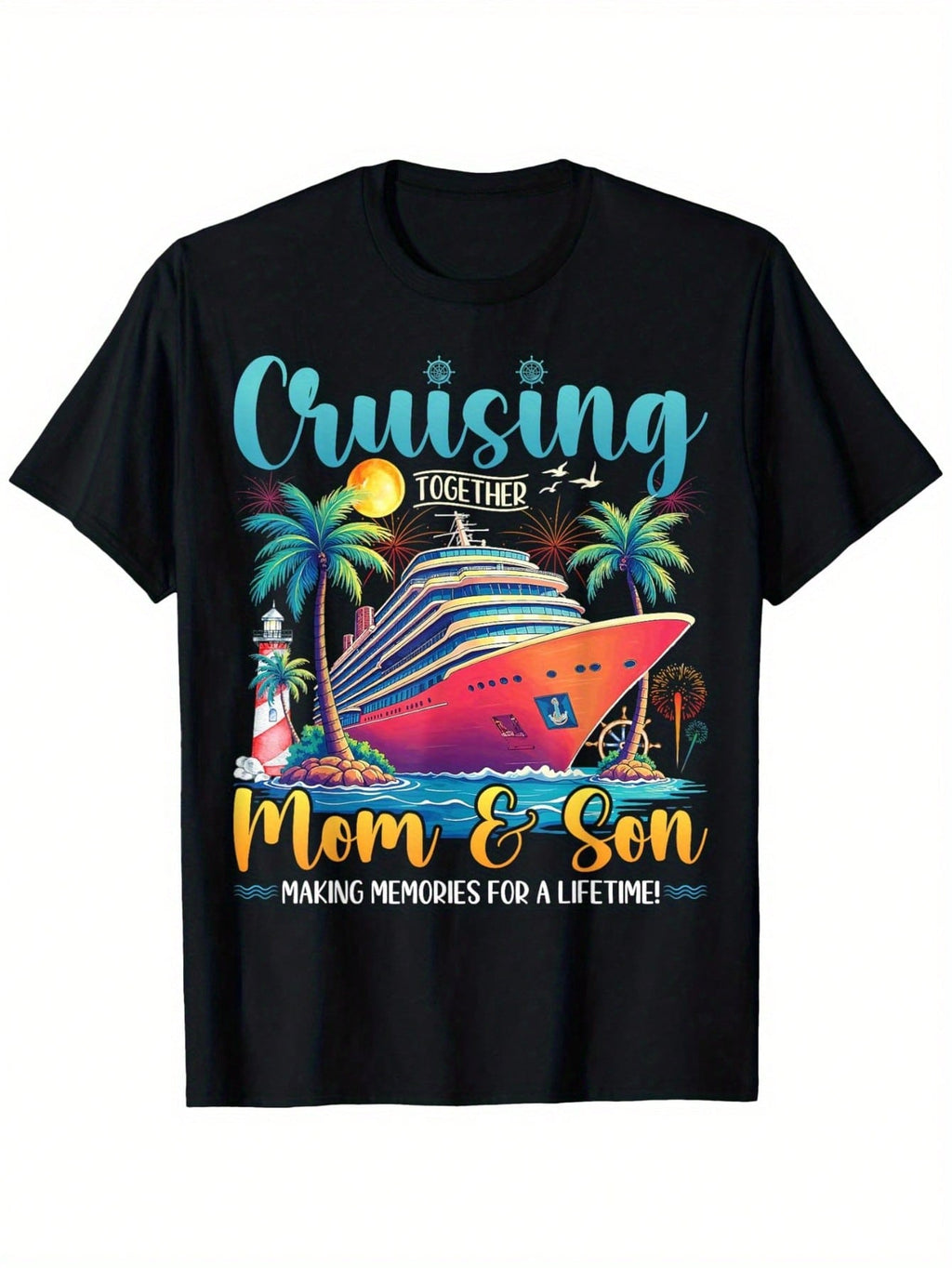 Mom & Son Matching Cruise T-Shirts - Family Vacation Outfits With Cruising Together Graphic, Mom + Son Text - Heavyweight 180gsm Cotton Tee - Non-Stretch Fabric - Ideal Cruise Gift For Mother-Son Bonding - Sizes S-XXXL In Black - Machine Washable, Cruise