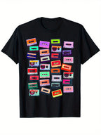 Retro 1980s 1990s Music Cassette Graphic T-Shirt - 100% Cotton 180gsm Relaxed Fit Round Neck Black Tee With Vintage Cassette Tape Print, S-XXXL Sizes, Machine Washable, Rock And Roll T Shirts, Casual Wear, Allseason Apparel, Nostalgic Design, Breathable F