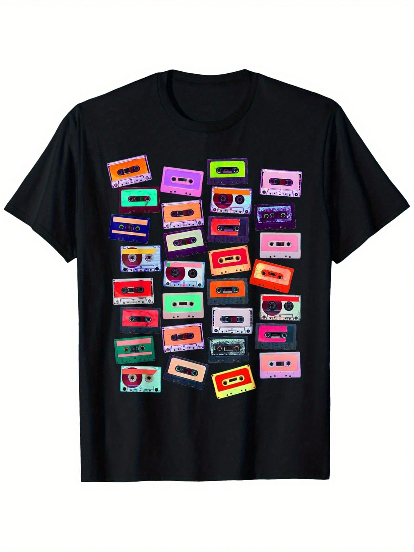 Retro 1980s 1990s Music Cassette Graphic T-Shirt - 100% Cotton 180gsm Relaxed Fit Round Neck Black Tee With Vintage Cassette Tape Print, S-XXXL Sizes, Machine Washable, Rock And Roll T Shirts, Casual Wear, Allseason Apparel, Nostalgic Design, Breathable F