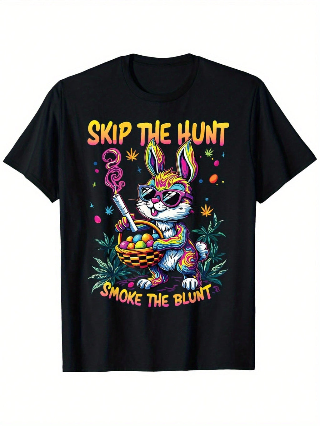 Easter Bunny 420 Art Funny  Humor T-Shirt, 100% Cotton, 180g, Round Neck, Black, S-XXXL,100% Pure Cotton Short Sleeved Shirt, Essential For Summer And Spring, Loose Casual Round Neck, Men's Letter Printed T-Shirt