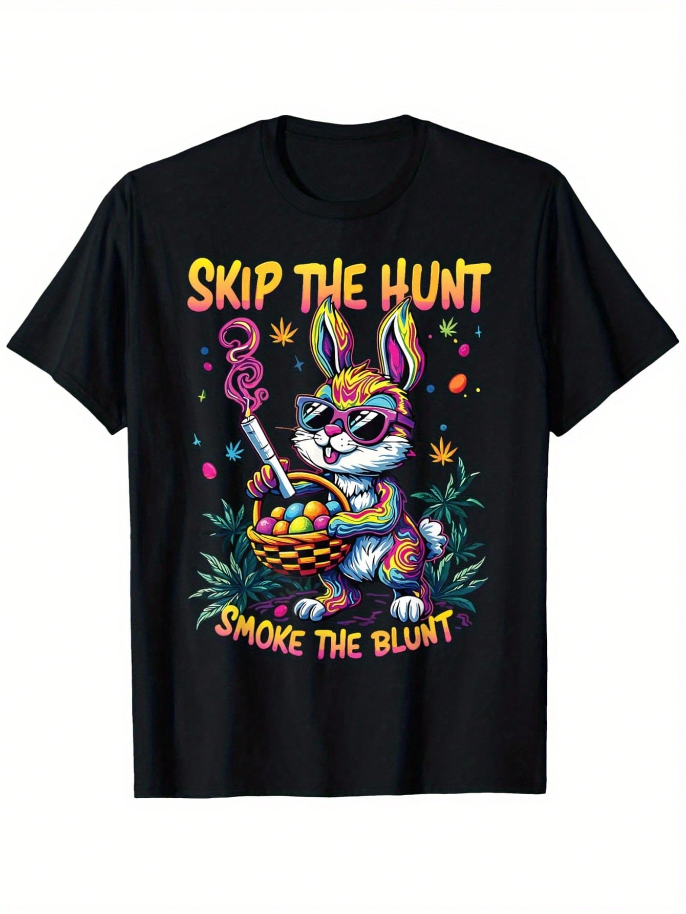 Easter Bunny 420 Art Funny  Humor T-Shirt, 100% Cotton, 180g, Round Neck, Black, S-XXXL,100% Pure Cotton Short Sleeved Shirt, Essential For Summer And Spring, Loose Casual Round Neck, Men's Letter Printed T-Shirt