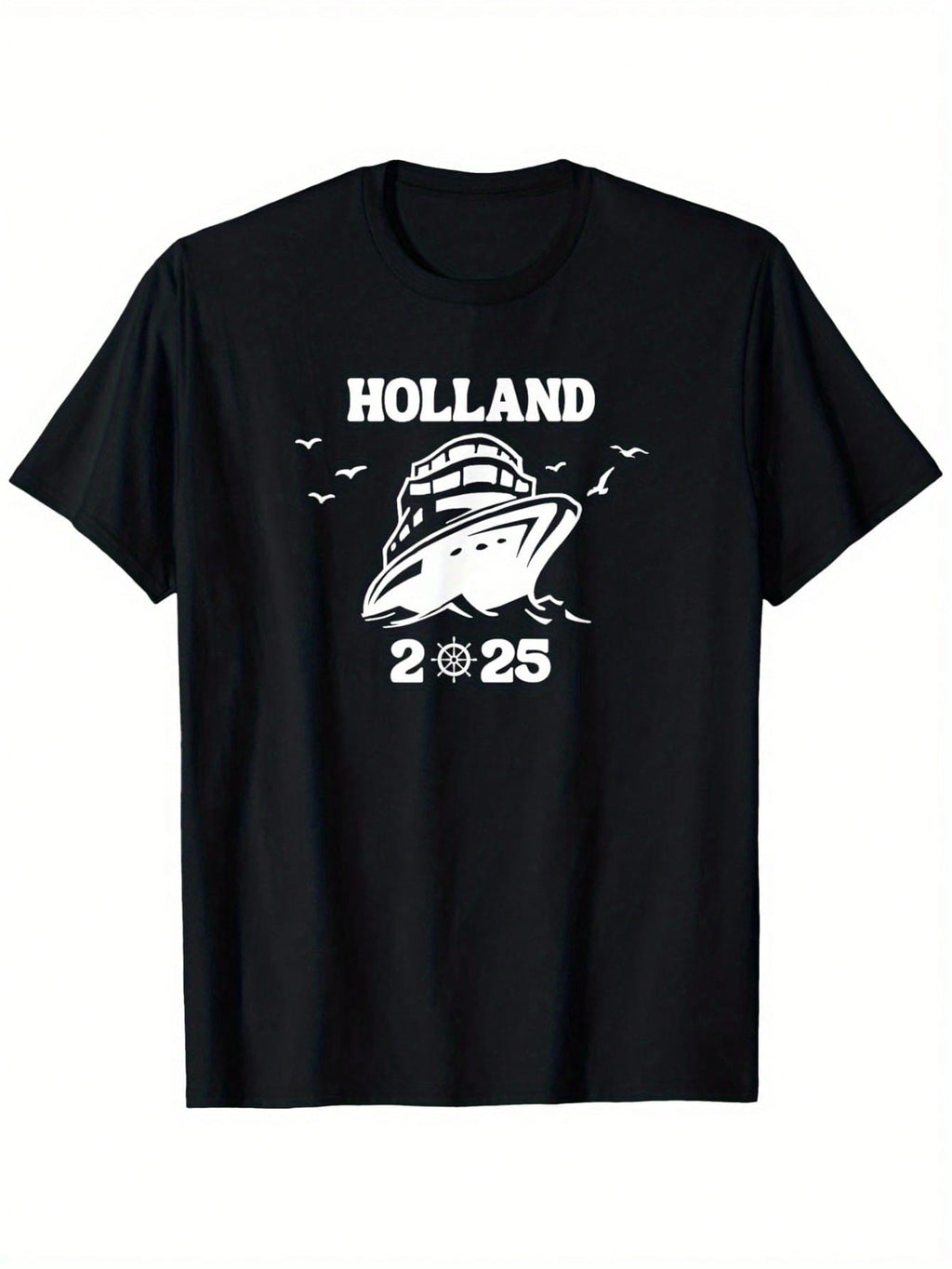 Holland 2025 Cruise Vacation Matching Group T-Shirt - 100% Cotton 180gsm Relaxed Fit Round Neck Black Tee With Nautical Ship & Seagulls Graphic, S-XXXL Sizes For Adults, Machine Washable Casual Travel Apparel,100% Pure Cotton Short Sleeved Shirt, Essentia