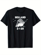 Holland 2025 Cruise Vacation Matching Group T-Shirt - 100% Cotton 180gsm Relaxed Fit Round Neck Black Tee With Nautical Ship & Seagulls Graphic, S-XXXL Sizes For Adults, Machine Washable Casual Travel Apparel,100% Pure Cotton Short Sleeved Shirt, Essentia