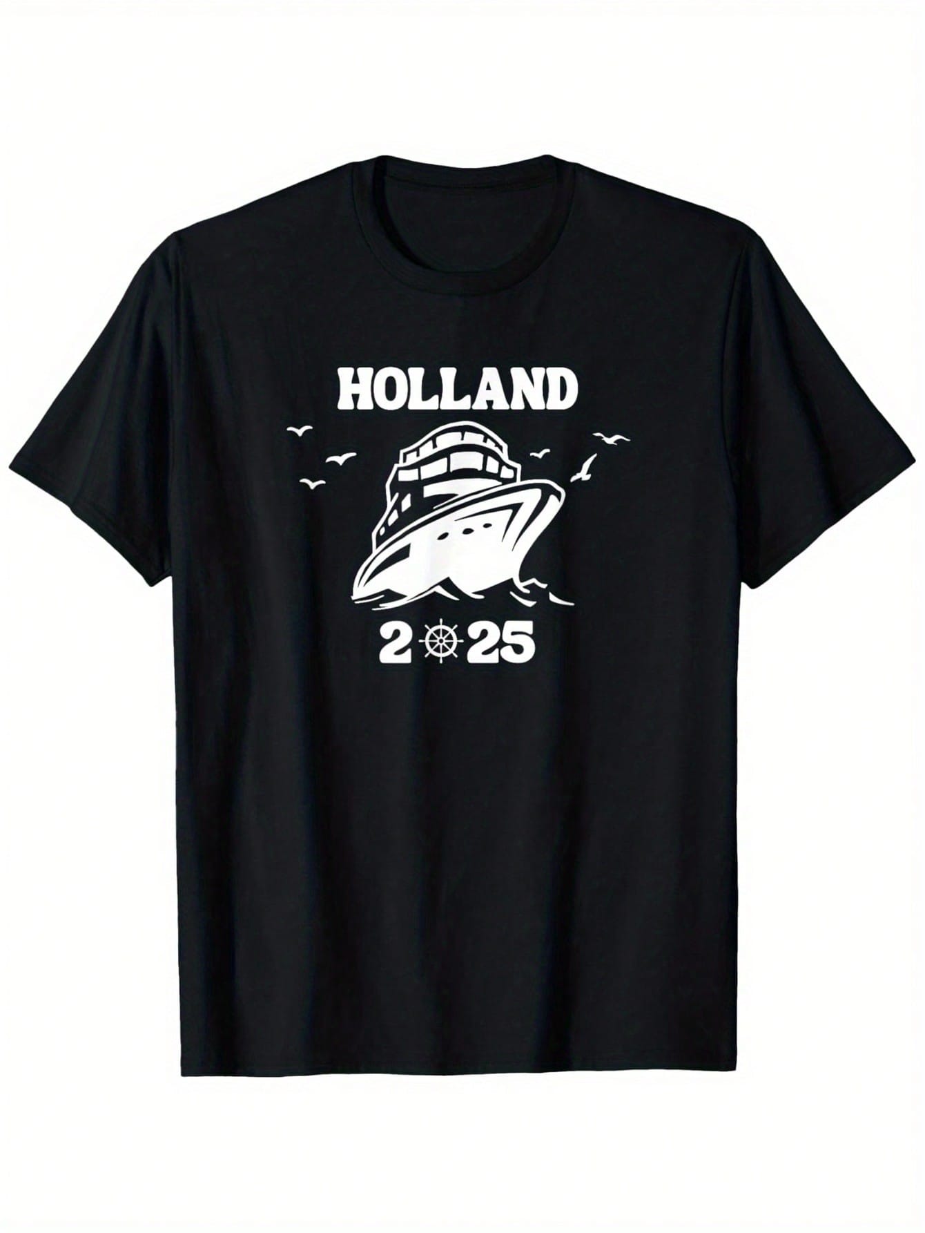 Holland 2025 Cruise Vacation Matching Group T-Shirt - 100% Cotton 180gsm Relaxed Fit Round Neck Black Tee With Nautical Ship & Seagulls Graphic, S-XXXL Sizes For Adults, Machine Washable Casual Travel Apparel,100% Pure Cotton Short Sleeved Shirt, Essentia