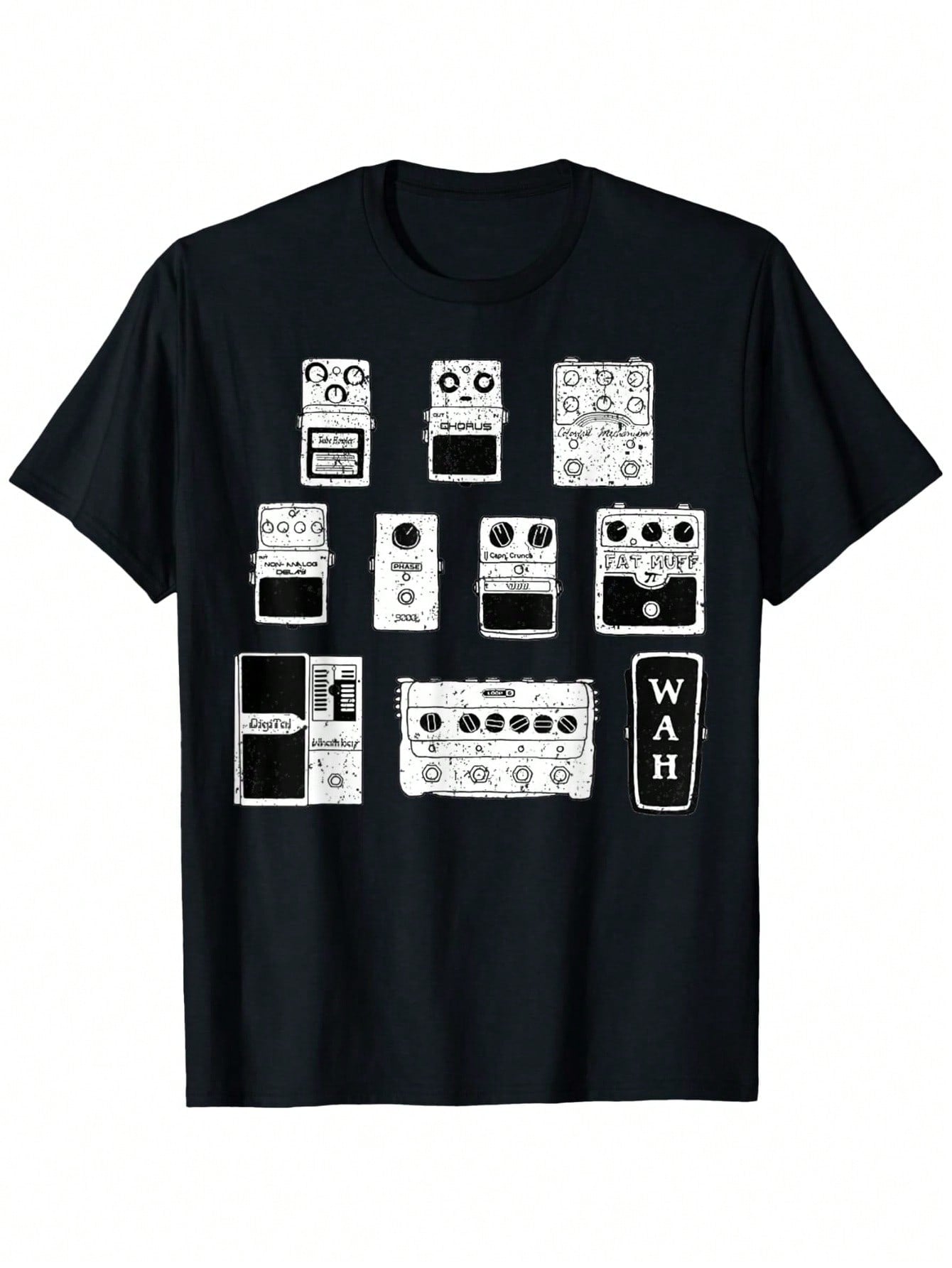 Men's Vintage Guitar Pedals Graphic Tee - Heavyweight 180gsm Cotton Shirt With Wah Wah Compression Overdrive Looping Effects Chain Design - Musician Apparel For Concerts, Practice, Casual Wear - Sizes S-XXXL, Practice Gear, Retro Musicianhood, Durable Fab