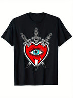Heart X  American Traditional Tattoo Flash T-Shirt, 100% Cotton, 180g, Round Neck, Black, S-XXXL,100% Pure Cotton Short Sleeved Shirt, Essential For Summer And Spring, Loose Casual Round Neck, Men's Letter Printed T-Shirt