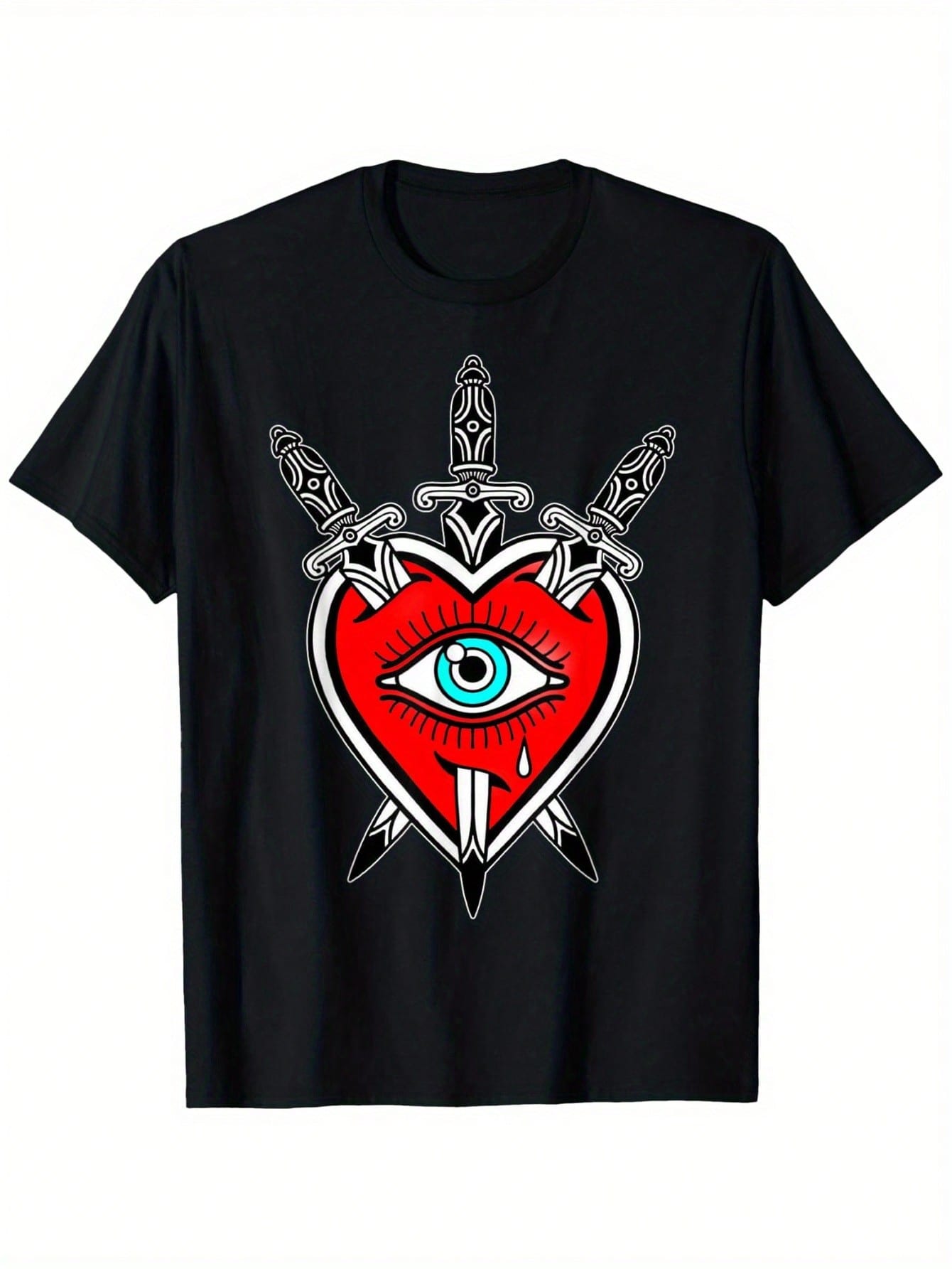 Heart X  American Traditional Tattoo Flash T-Shirt, 100% Cotton, 180g, Round Neck, Black, S-XXXL,100% Pure Cotton Short Sleeved Shirt, Essential For Summer And Spring, Loose Casual Round Neck, Men's Letter Printed T-Shirt