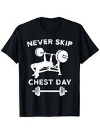 Chest Day Lift Bench Press Gift Powerlifting Weight Lifting T-Shirt, 100% Cotton, 180g, Round Neck, Black, S-XXXL,100% Pure Cotton Short Sleeved Shirt, Essential For Summer And Spring, Loose Casual Round Neck, Men's Letter Printed T-Shirt