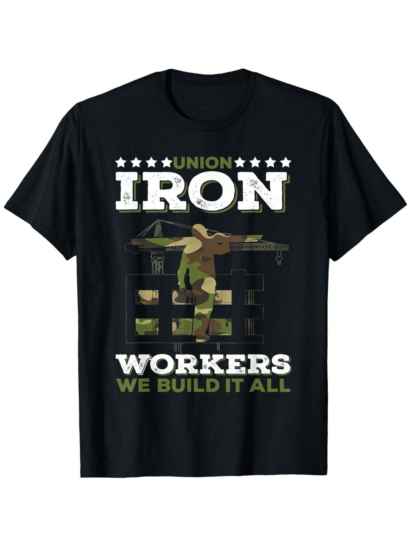 Union Iron Workers T-Shirt - Labor Day Graphic Print We Build It All Design, 100% Cotton 180gsm, Loose Fit Round Neck, Black, S-XXXL, Union Apparel, Casual Labor Tee, Comfortable Fit, Workwear Apparel, Statement Shirt, Durable Material, Printed Tee, Trade