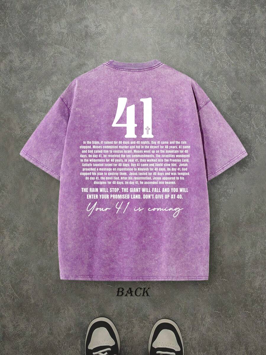 Retro Washed T-Shirt Double Sided Printed (230 Pure Cotton T-Shirt) 'Your 41 Is Coming'  Letter And Pattern Print,  Christian Gift, Mens TShirt, Mens Casual, Comfortable, Fashionable T-Shirt, Street Style Cotton