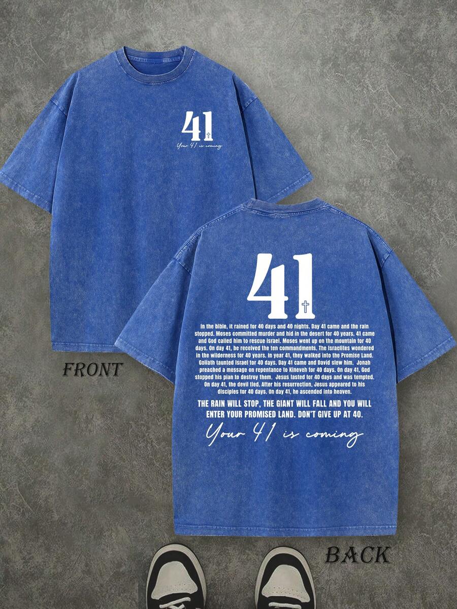 Retro Washed T-Shirt Double Sided Printed (230 Pure Cotton T-Shirt) 'Your 41 Is Coming'  Letter And Pattern Print,  Christian Gift, Mens TShirt, Mens Casual, Comfortable, Fashionable T-Shirt, Street Style Cotton