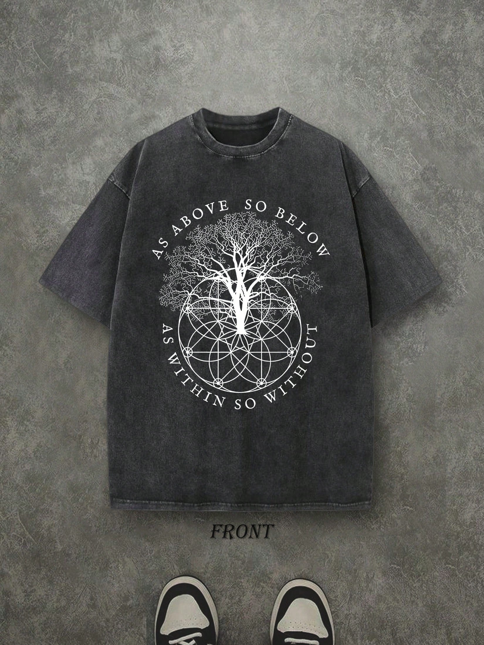 Retro Washed T-Shirt Single-Sided Printed (230 Pure Cotton T-Shirt) 'AS ABOVE SO BELOW'  Letter And Pattern Print, Mens TShirt, Mens Shirt Casual, Comfortable, Fashionable T-Shirt, Street Style Cotton
