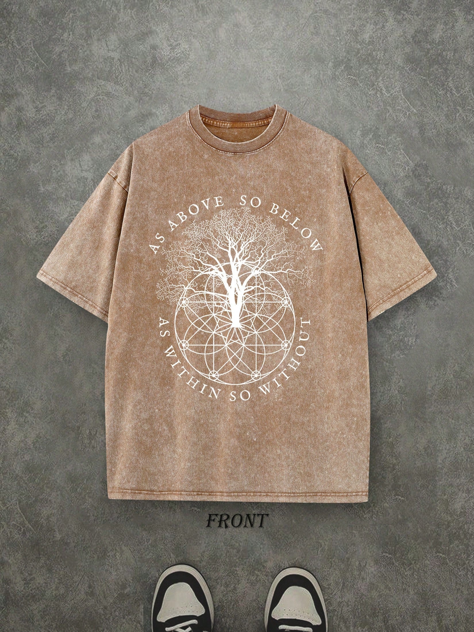 Retro Washed T-Shirt Single-Sided Printed (230 Pure Cotton T-Shirt) 'AS ABOVE SO BELOW'  Letter And Pattern Print, Mens TShirt, Mens Shirt Casual, Comfortable, Fashionable T-Shirt, Street Style Cotton
