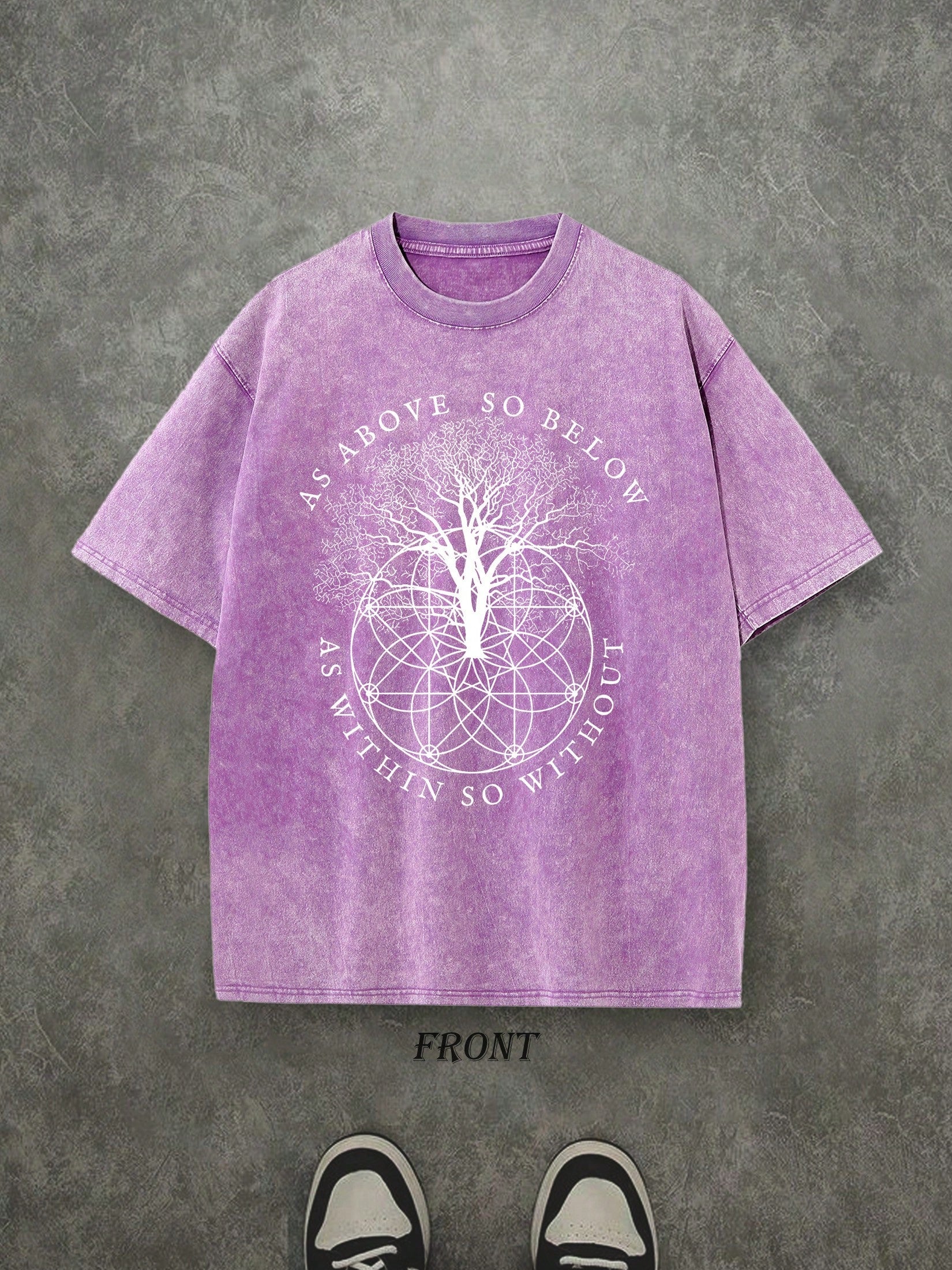 Retro Washed T-Shirt Single-Sided Printed (230 Pure Cotton T-Shirt) 'AS ABOVE SO BELOW'  Letter And Pattern Print, Mens TShirt, Mens Shirt Casual, Comfortable, Fashionable T-Shirt, Street Style Cotton