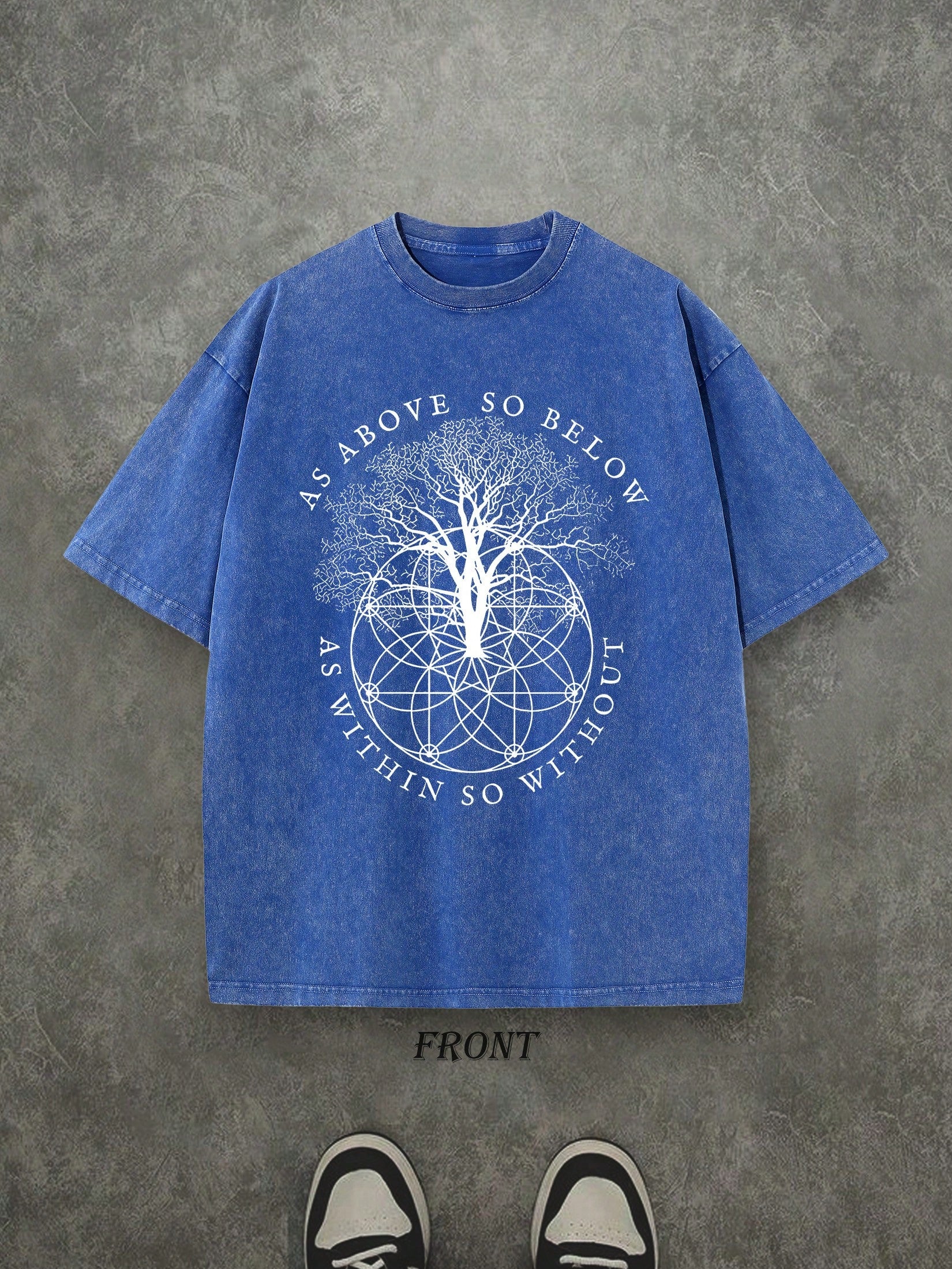 Retro Washed T-Shirt Single-Sided Printed (230 Pure Cotton T-Shirt) 'AS ABOVE SO BELOW'  Letter And Pattern Print, Mens TShirt, Mens Shirt Casual, Comfortable, Fashionable T-Shirt, Street Style Cotton