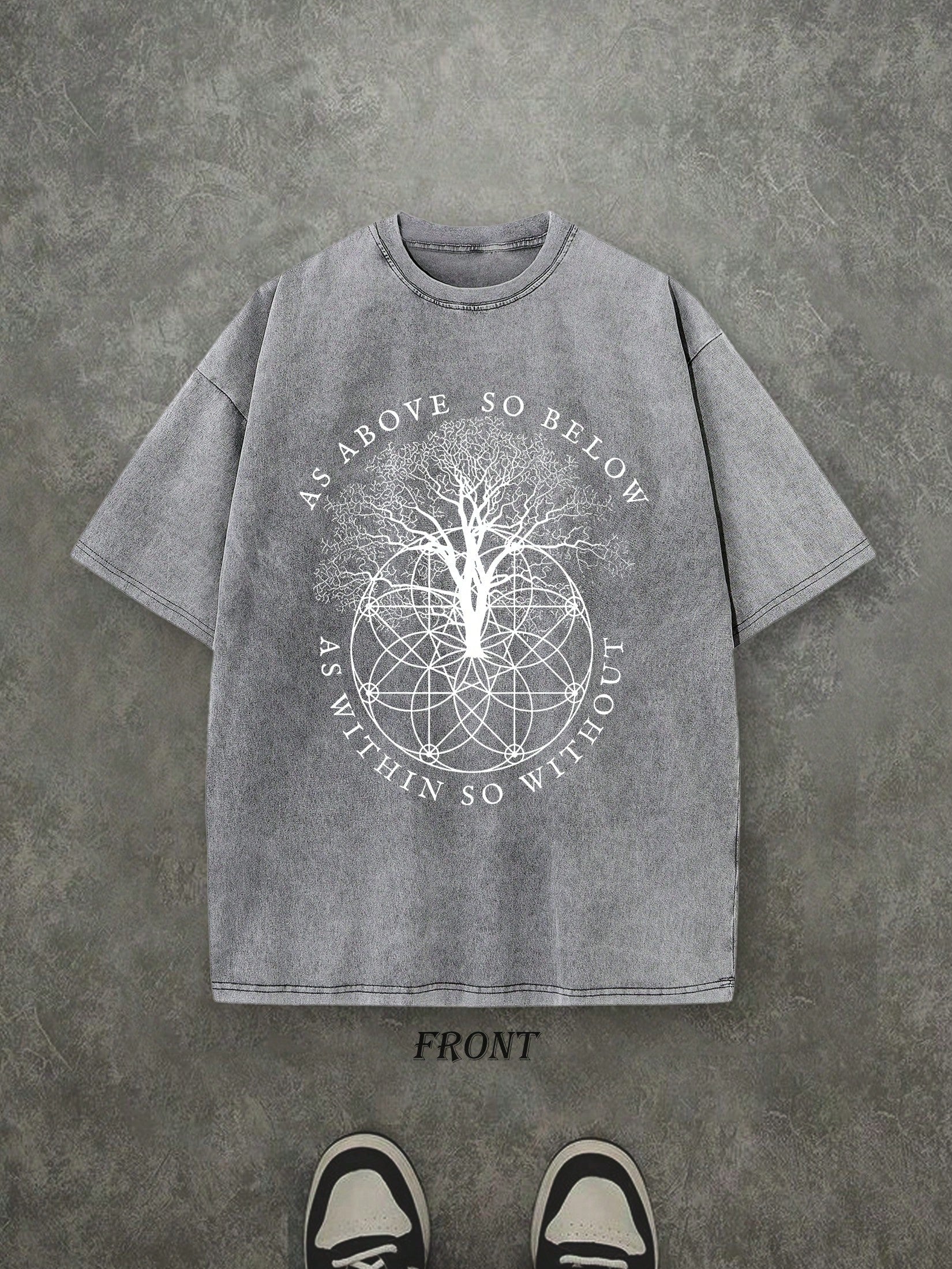 Retro Washed T-Shirt Single-Sided Printed (230 Pure Cotton T-Shirt) 'AS ABOVE SO BELOW'  Letter And Pattern Print, Mens TShirt, Mens Shirt Casual, Comfortable, Fashionable T-Shirt, Street Style Cotton