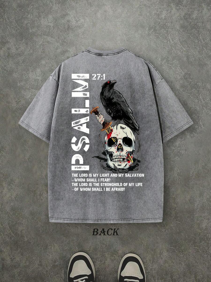 Retro Washed T-Shirt Double Sided Printed (230 Pure Cotton T-Shirt) 'THE LORD IS MY LIGHT'  PSALM Letter And Pattern Print,  Christian Gift, Mens TShirt, Mens Casual, Comfortable, Fashionable T-Shirt, Street Style Cotton