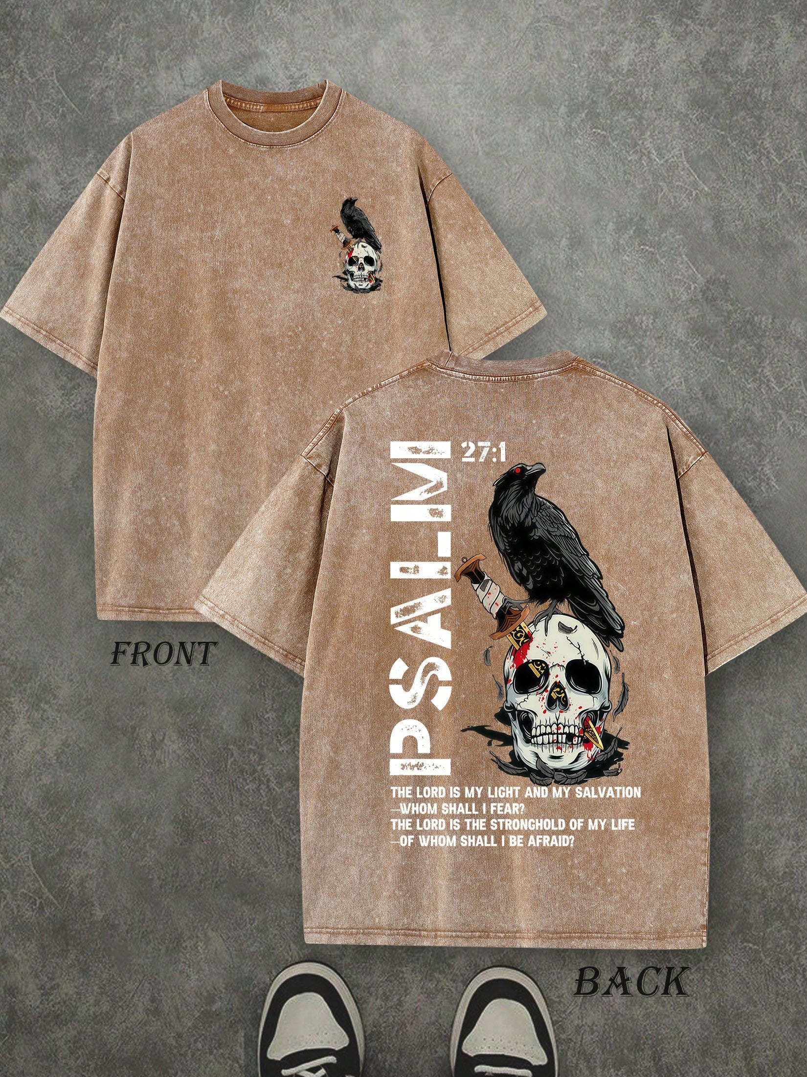 Retro Washed T-Shirt Double Sided Printed (230 Pure Cotton T-Shirt) 'THE LORD IS MY LIGHT'  PSALM Letter And Pattern Print,  Christian Gift, Mens TShirt, Mens Casual, Comfortable, Fashionable T-Shirt, Street Style Cotton
