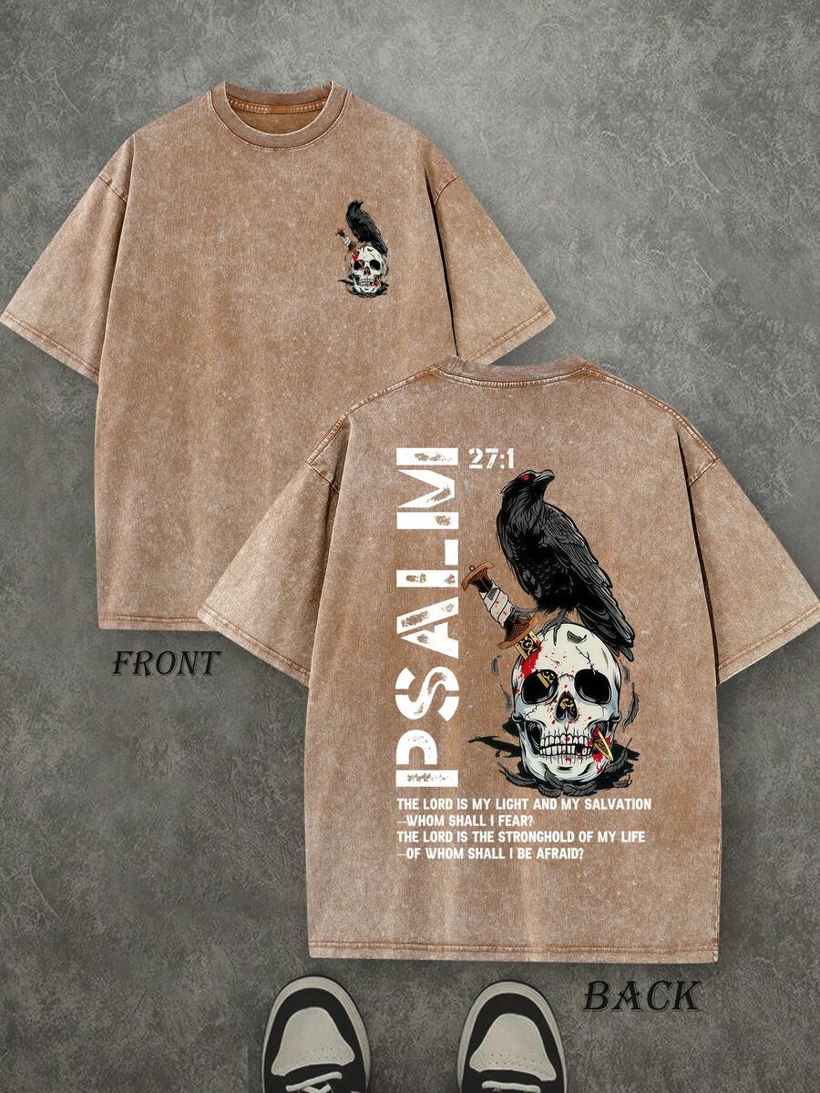 Retro Washed T-Shirt Double Sided Printed (230 Pure Cotton T-Shirt) 'THE LORD IS MY LIGHT'  PSALM Letter And Pattern Print,  Christian Gift, Mens TShirt, Mens Casual, Comfortable, Fashionable T-Shirt, Street Style Cotton