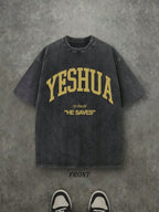 Retro Washed T-Shirt Single-Sided Printed (230 Pure Cotton T-Shirt) 'YESHUA HE SAVES'  Letter And Pattern Print, Christian Gift, Mens TShirt, Mens Shirt Casual, Comfortable, Fashionable T-Shirt, Street Style Cotton