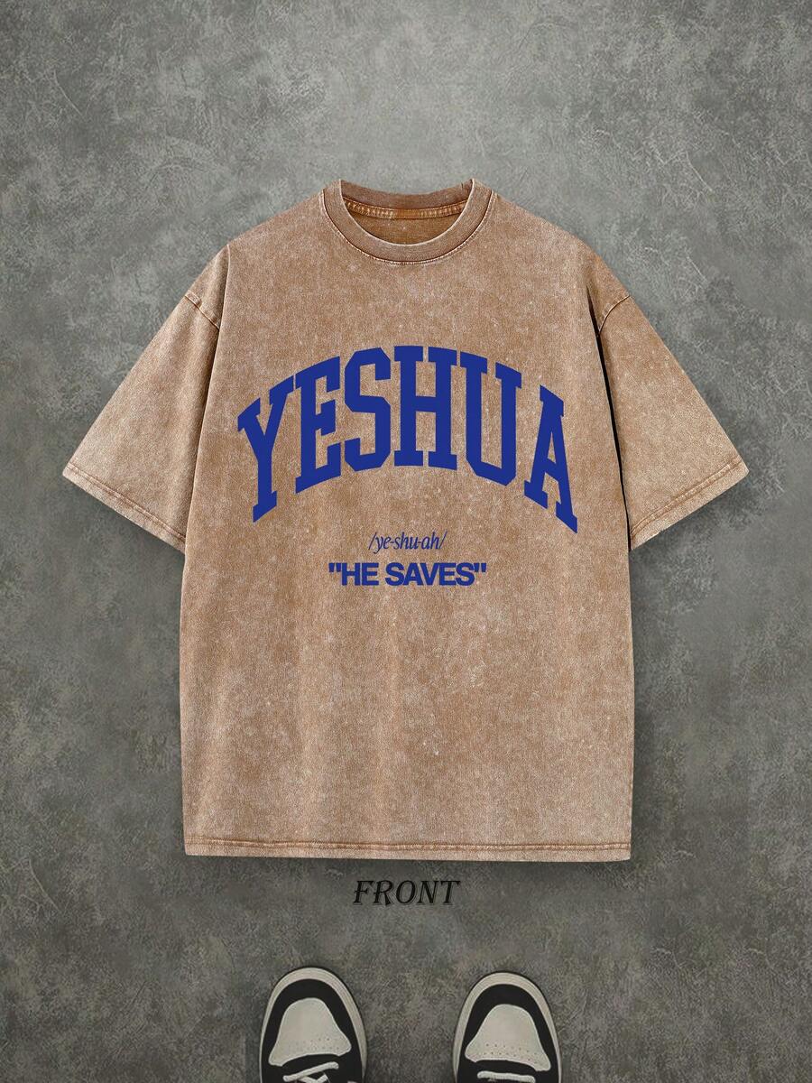 Retro Washed T-Shirt Single-Sided Printed (230 Pure Cotton T-Shirt) 'YESHUA HE SAVES'  Letter And Pattern Print, Christian Gift, Mens TShirt, Mens Shirt Casual, Comfortable, Fashionable T-Shirt, Street Style Cotton