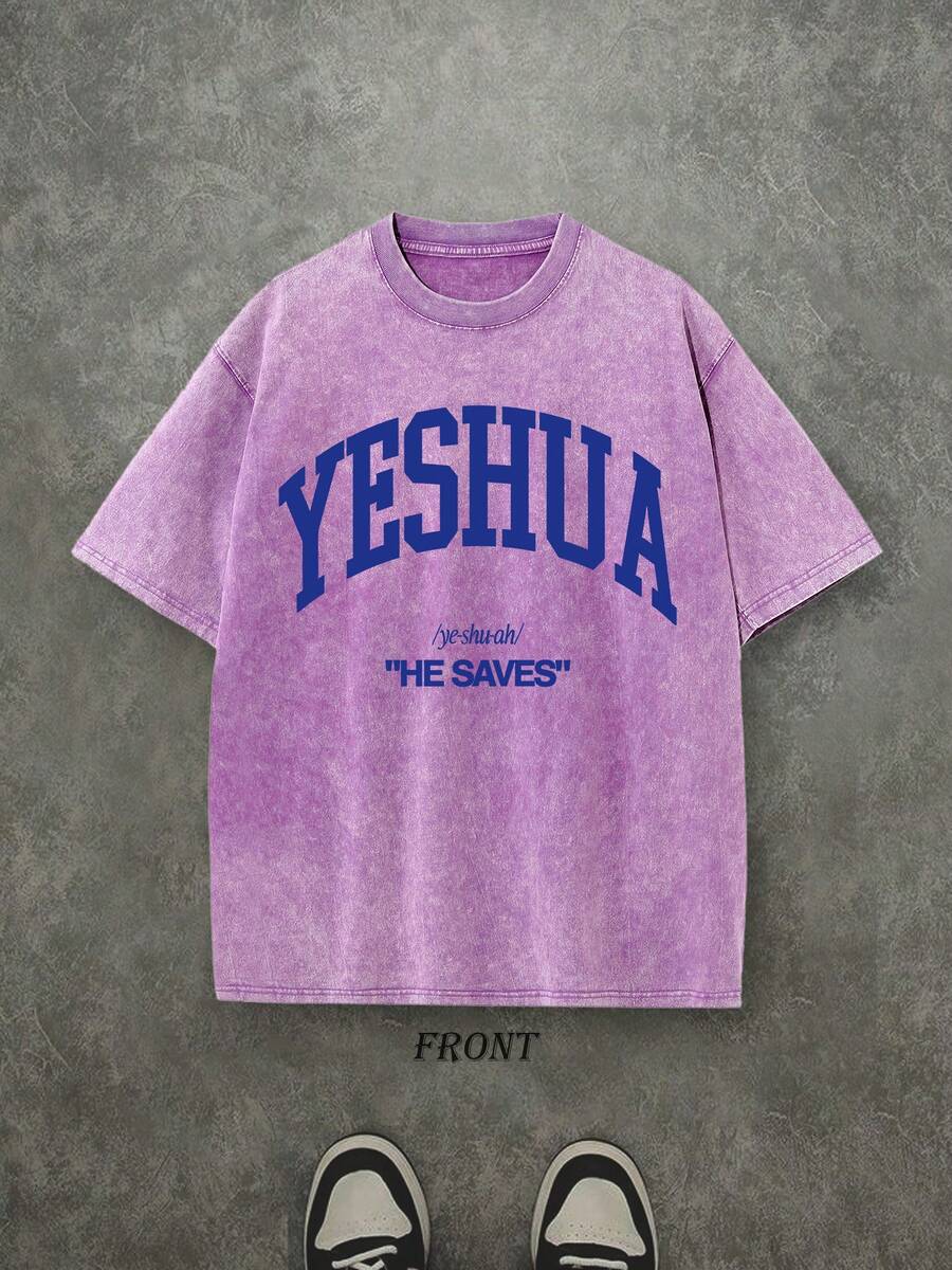 Retro Washed T-Shirt Single-Sided Printed (230 Pure Cotton T-Shirt) 'YESHUA HE SAVES'  Letter And Pattern Print, Christian Gift, Mens TShirt, Mens Shirt Casual, Comfortable, Fashionable T-Shirt, Street Style Cotton