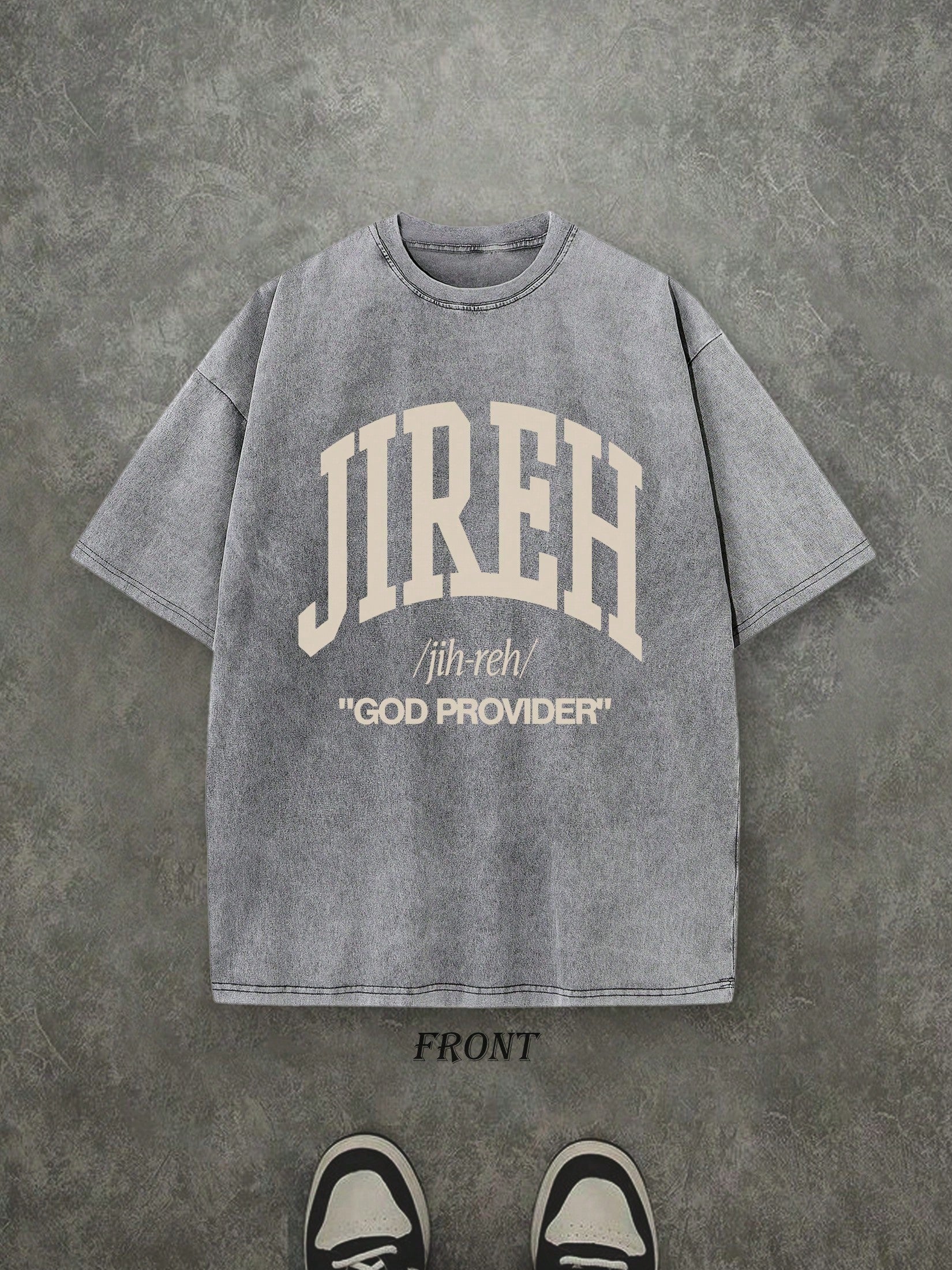 Retro Washed T-Shirt Single-Sided Printed (230 Pure Cotton T-Shirt) 'JIREH GOD PROVIDER'  Letter And Pattern Print, Christian Gift, Mens TShirt, Mens Shirt Casual, Comfortable, Fashionable T-Shirt, Street Style Cotton