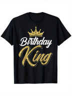 Birthday King Son Or Dad'S Birthday Party T-Shirt, 100% Cotton, Single Side Printed, Black Short Sleeve T-Shirt, Father'S Day Gift For Family Father Papa Dad, S-XXXL, 1pc, Fabric Weight 180g,100% Pure Cotton Short Sleeved Shirt, Essential For Summer And S