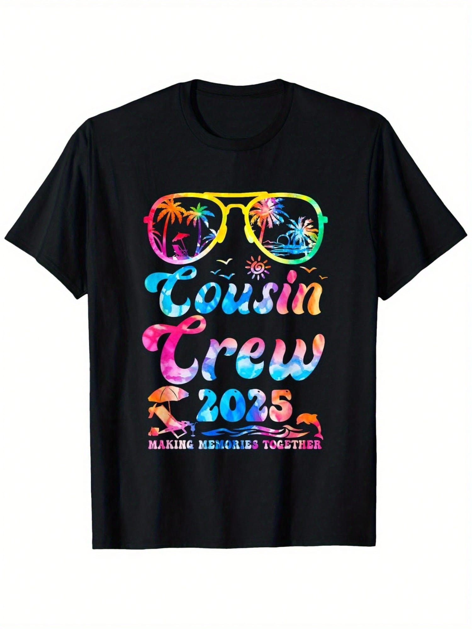 [Playful Joy] Cousin Crew 2025 Summer Vacation Family Matching T-Shirt – Soft, Breathable Cotton Short Sleeve Tee For Boys & Girls, Fun Graphic Design With Fashion Glasses & Fireworks, Perfect Gift For Family Gatherings, Cute Shirts,100% Pure Cotton Short
