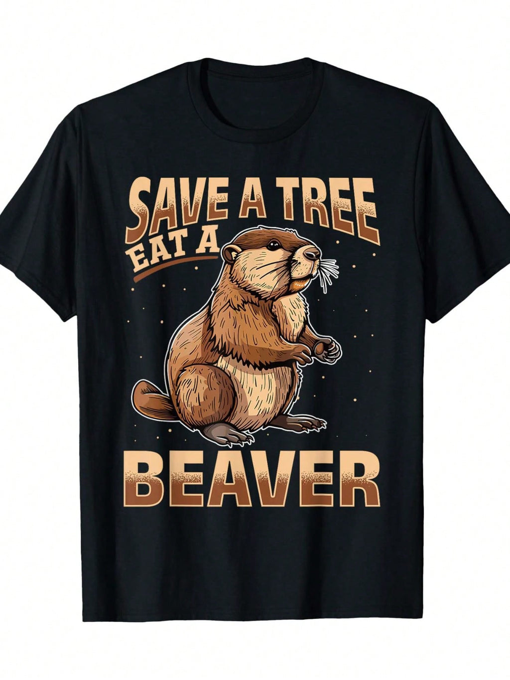 Men's Save A Tree, Eat A Beaver Humorous T-Shirt - 100% Cotton, Short Sleeve, Crew Neck, Machine Washable, Black With Graphic Beaver Design,100% Pure Cotton Short Sleeved Shirt, Essential For Summer And Spring, Loose Casual Round Neck, Men's Letter Printe